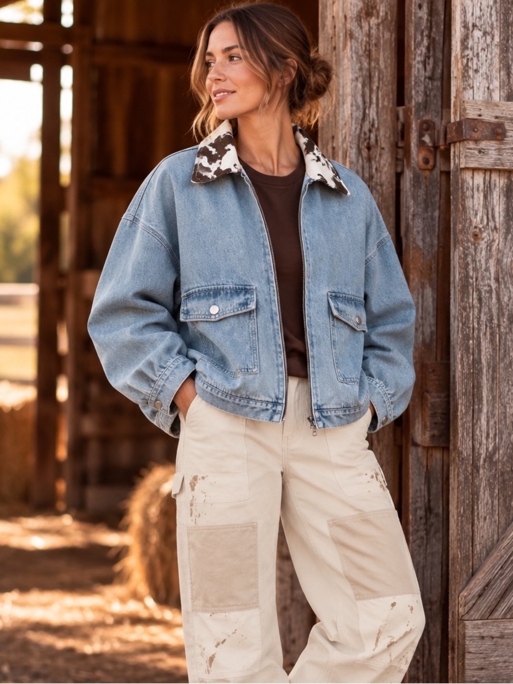 NWT - Brunette The Label Quilted Denim Jacket w Cow Collar in Vintage Blue
